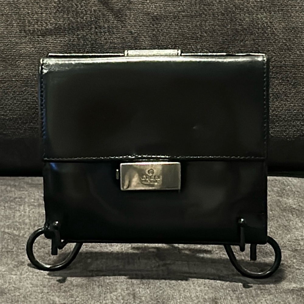 Gucci Authentic Black French Flap Leather Wallet with Silver Hardware.